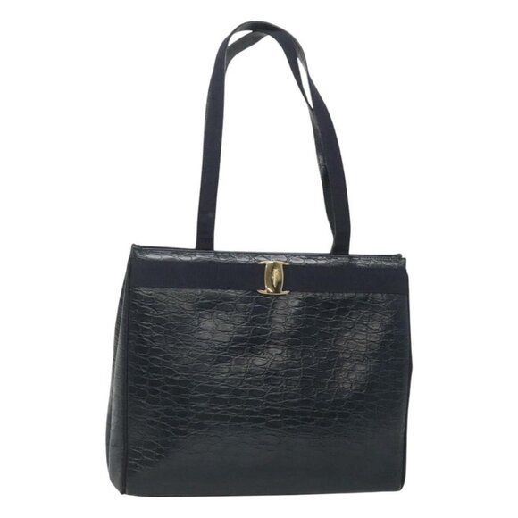 Salvatore Ferragamo Shoulder Bag Leather Navy Gold Auth - Picture 8 of 16